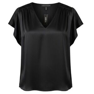 White House Black Market Black Satin Flutter Sleeve Smocked V-Neck Blouse XS NEW